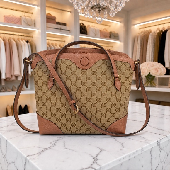 Gucci Handbags - Gucci Beige GG Supreme Canvas Crossbody with Brown Leather Trim